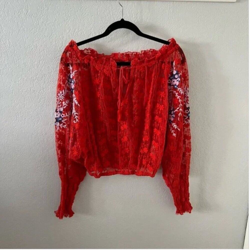 Free People Jubilee Embroidered Red Lace Blouse - Picture 4 of 9